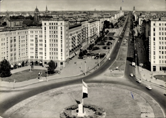 Postcard Berlin Friedrichshain, view over Karl-Marx-Allee, impressive architecture, traffic,