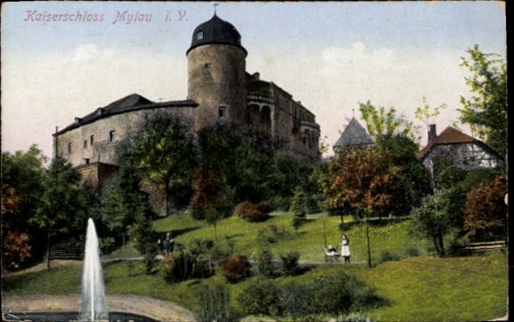 Ak Mylau Reichenbach im Vogtland, Kaiserschloss, Parklandschaft, Brunnen, Bäume, historische A...
