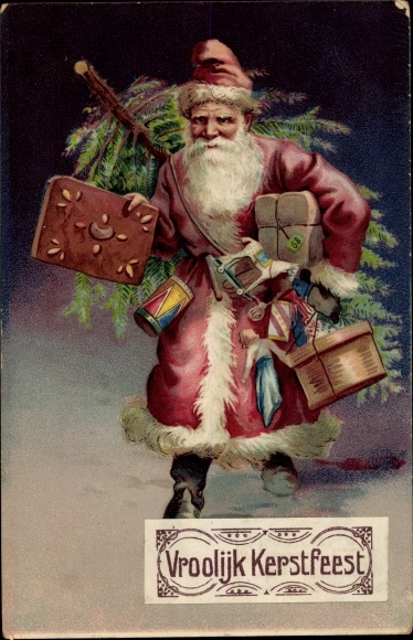 Ak gefeliciteerd Kerstmis, Kerstman met kerstboom en cadeautjes, peperkoek
