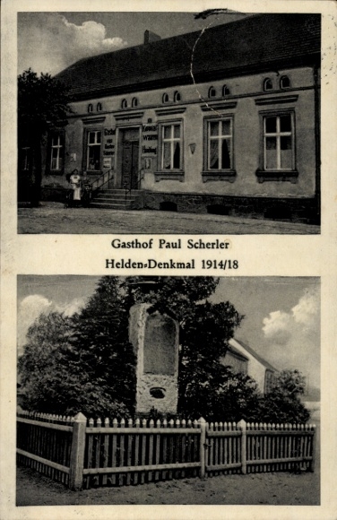 Ak Storbek Storbeck bij Neuruppin, Gasthof Paul Scherler, Heldenmonument 1914/18