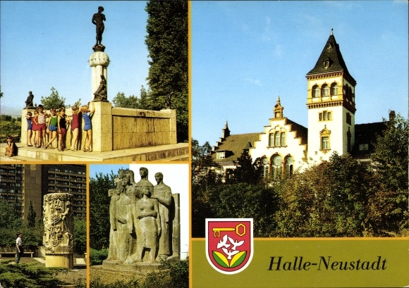 PC Neustadt Halle an der Saale, Hodscha Nasreddin fountain, construction workers, friendship between peoples, coat of arms