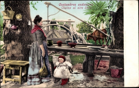 Postcard Andalusia, Costumbres andaluzas, Woman and child in costume, fountain, Photochromic Purger 3178