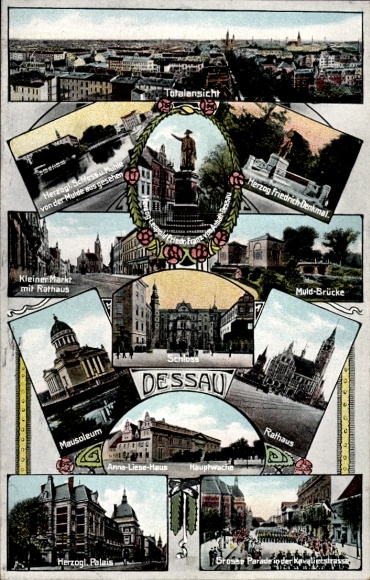 Postcard Dessau in Saxony-Anhalt, view of the city town halls, monuments, Muld Bridge, Ducal Palace