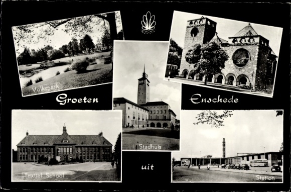 Postcard Enschede Overijssel Netherlands, Station, Volkspark, Stadhuis, Textiel School