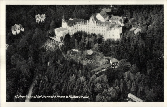 Postcard Hohenhonnef Bad Honnef am Rhein, Heilstätte Rheinland, aerial view of the building, forest, Rhine, 194