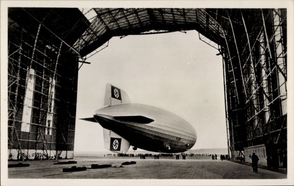 Postcard Rhein Main Airport, Deutsche Zeppelin Reederei, LZ 129 Hindenburg ready for takeoff, airship hangar