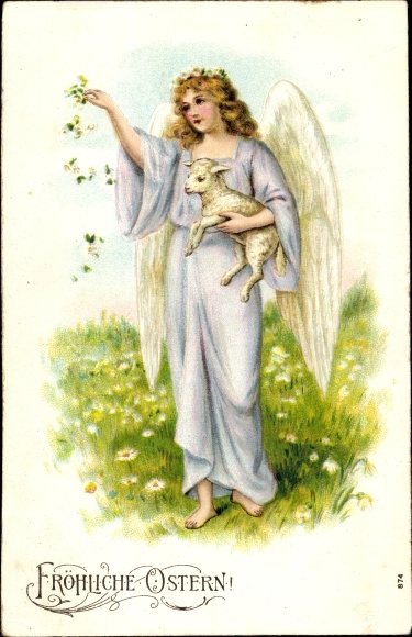 Embossed PC congratulations Easter, angel, lamb, meadow