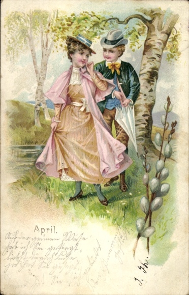 Postcard April, lovers, pussy willow, landscape idyll