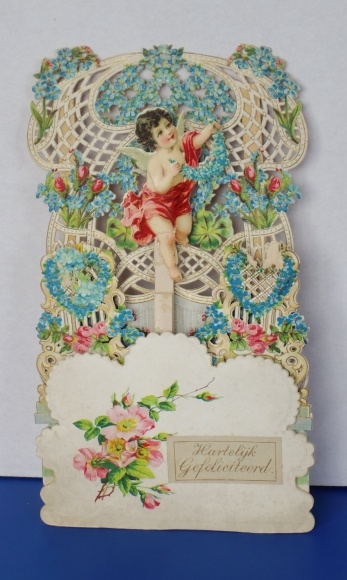 Backdrop card 3D wafer standee, congratulations, angels, flower garlands, forget-me-nots