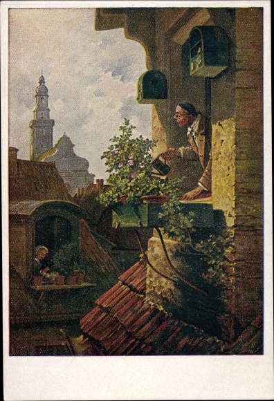 Artist Postcard Spitzweg, C., The flower friend, man watering flowers, watering can