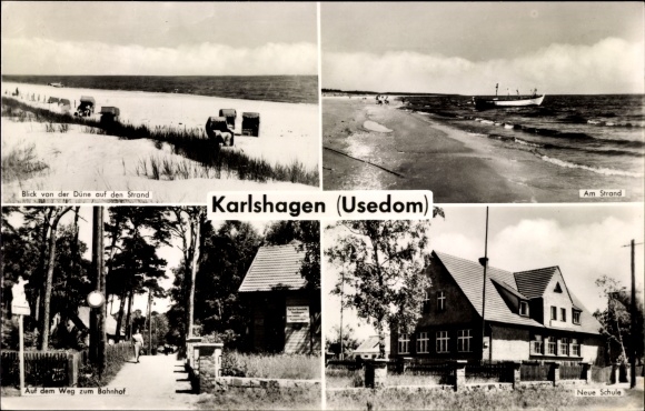 Postcard Ostseebad Karlshagen on Usedom, beach, new school, way to the train station