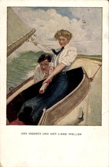 Kunstenaar Ak Underwood, Clarence, man en vrouw in een zeilboot