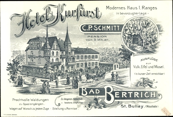 Chromo-Litho Bad Bertrich on the Moselle Eifel, Hotel Kurfürst