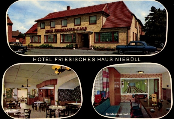 Postcard Niebüll in North Friesland, Hotel Friesisches Haus, federal bowling alley, interior view