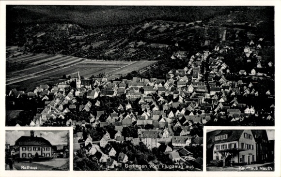 Postcard Gerlingen, aerial photograph, town hall, Mauth department store