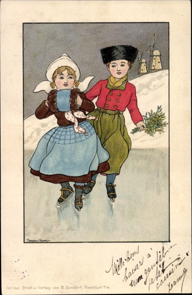 Kunstenaar Ak Hardy, Florence, Man en vrouw schaatsen in oer-Hollandse klederdracht