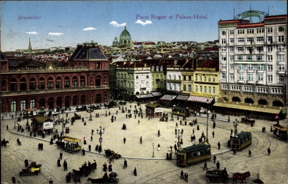 Postcard Brussels, Gare du Nord et Place Rogier, Hotel Palace, trams