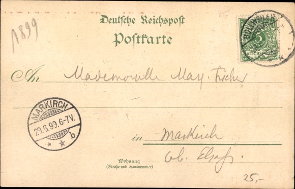 Chromo-Litho Bollwiller Bollweiler Alsace Haut Rhin, railway station, platform side, view of the town