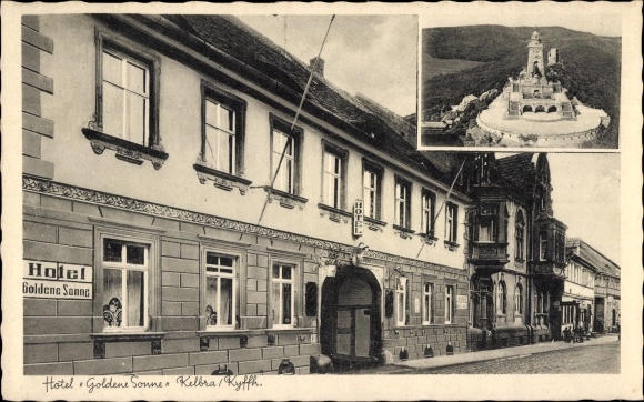 Postcard Kelbra am Kyffhäuser, Hotel Goldene Sonne, Kyffhäuser Monument