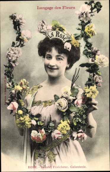 Postcard Language of Flowers, Rose, Blumensprache, Frau