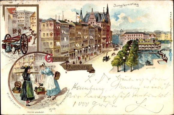 lito Hamburg, Jungfernstieg, wózek mleczny, Vierländerin, hamburska służąca
