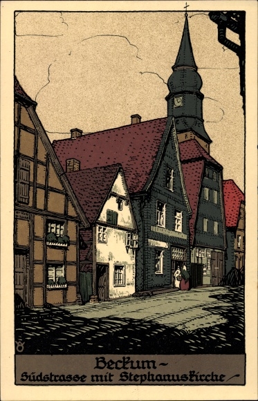 Steindruck Ak Beckum im Kreis Warendorf, Südstraße mit Stephanuskirche