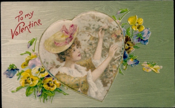 Embossed PC Valentine's Day, Lady with Hat, Pansies