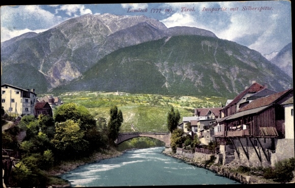 Ak Landeck in Tirol,  Tirol, Innpartie, Silberspitze, Berge, Fluss