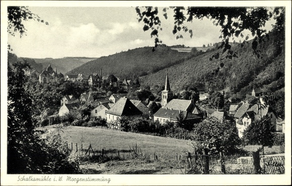 Postcard Schalksmühle im Sauerland, morning mood, overall view from the field, church