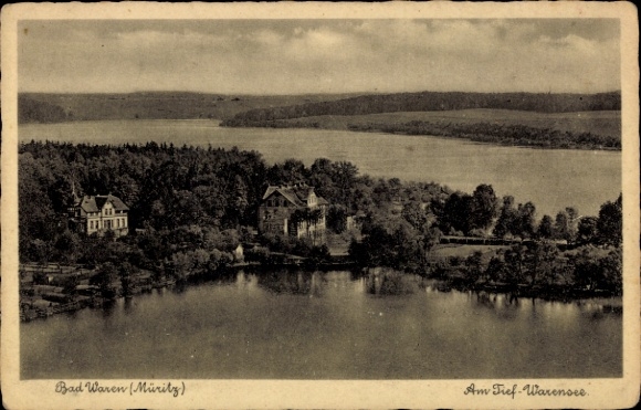 Ak Waren an der Müritz, Landschaft mit Wasser, Bäume, Gebäude, Bad Waren, Warensee