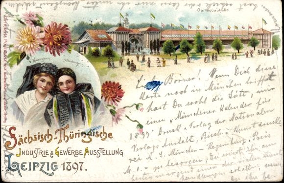 litho Leipzig, Saksische Thüringer industrie- en handelstentoonstelling 1897, vrouwen in klederdracht