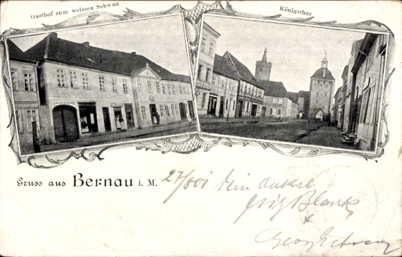 Passepartout Ak Bernau in der Mark, Gasthof zum weißen Schwan, Königstor