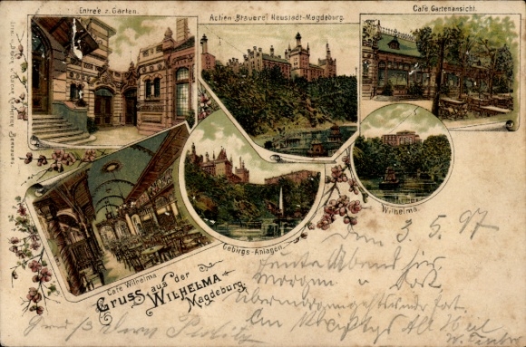 Chromo-Litho Magdeburg on the Elbe, Cafe Wilhelma, Actien-Brauerei Neustadt, mountain facilities, garden