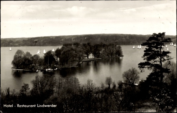 Postcard Berlin Zehlendorf Nikolassee, Lindwerder Island, Havel, Hotel Restaurant Lindwerder