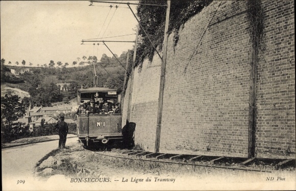 PC Bon Secours Bonsecours Péruwelz Hainaut, tram runs along the wall