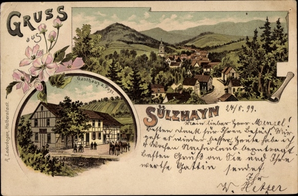 Litho Sülzhayn Ellrich Thüringen, Totalansicht, Gasthaus zur Post