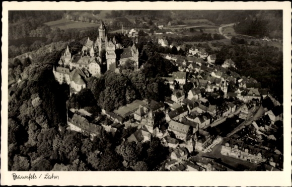 Postcard Braunfels in the Lahn Dill district, aerial photograph