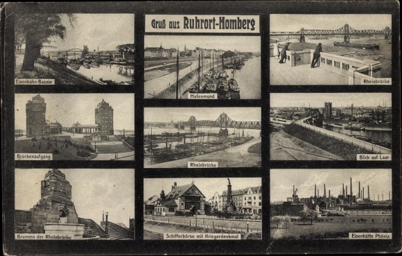 KP Homberg Ruhrort Duisburg w Zagłębiu Ruhry, basen kolejowy, most na Renie, ujście portu, wejście na most