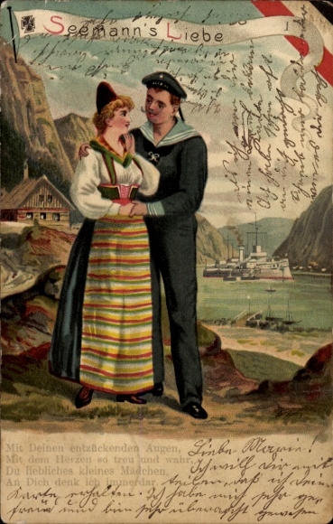 Chromo-Litho Norway, Sailor's Love, Sailor with Norwegian Woman in Traditional Costume, Imperial Navy