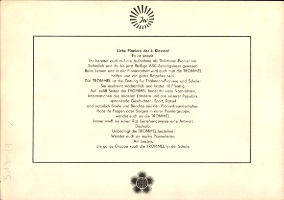 Timetable DDR Trommler Zeitung for Thälmann pioneers and students, supplement around 1970