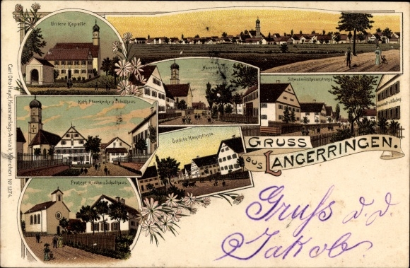Chromo-Litho Langerringen in Swabia, Lower Chapel, Kath Church, Evang Church, Main Street