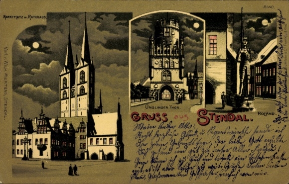 Mondschein Litho Stendal in der Altmark, Roland, Ünglinger Tor, Marktplatz, Rathaus