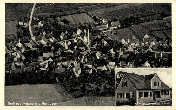 Postcard Marxheim in Schwaben Bayern, aerial photograph, mixed goods warehouse Schmid