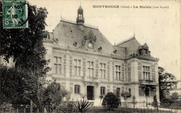 Postcard Montrouge Hauts de Seine, city administration, Mairie, multifaceted architecture, gardens
