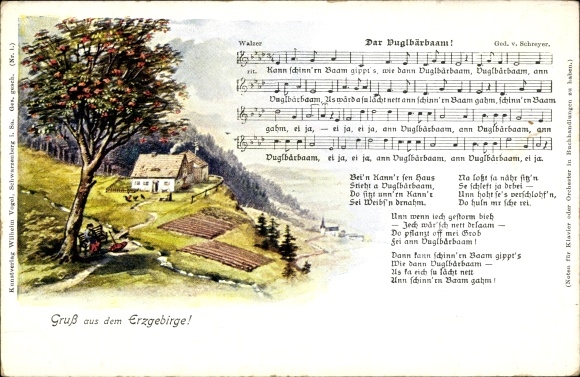 Song Postcard Vogel, Wilhelm, Dar Vuglbärbaam, landscape idyll, Erzgebirge