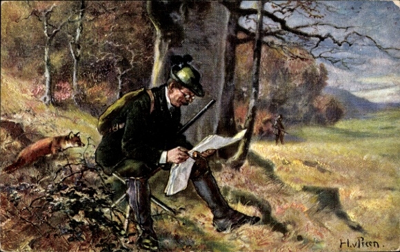 Artist Postcard hunter reads newspaper, fox