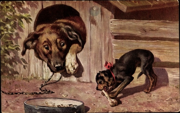 Artist Postcard dog in kennel, small dog with bone