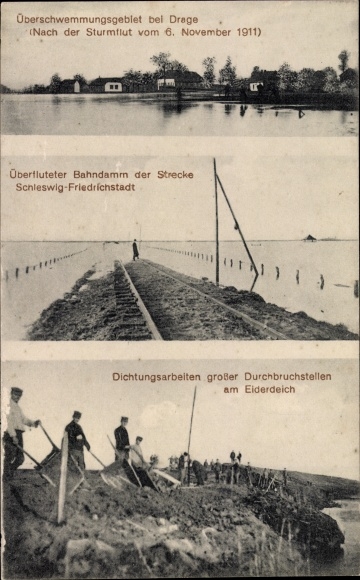 Ak Drage in Noord-Friesland, overstroming na stormvloed in 1911, spoordijk, afdichtingswerkzaamheden