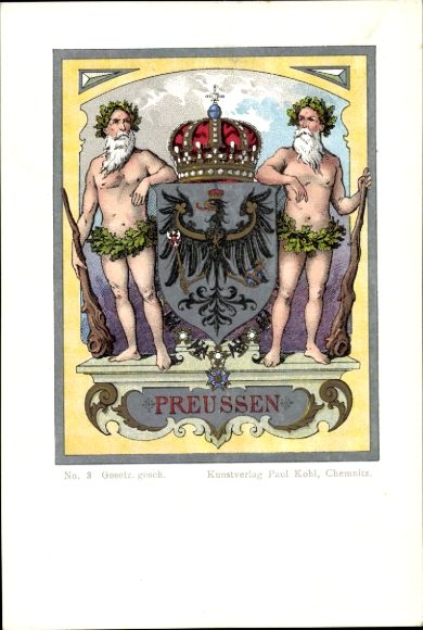 Herb Królestwa Prus, orzeł pruski, korona, dziki człowiek, liście dębu