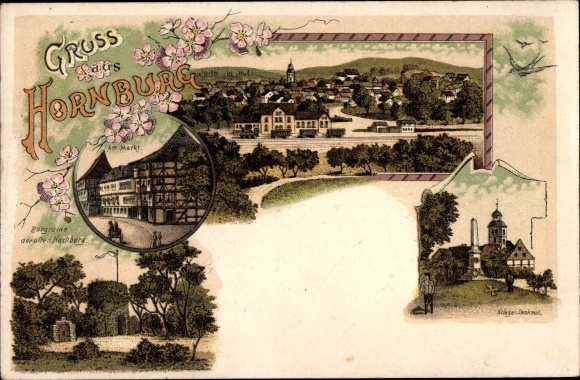 Chromo-Litho Hornburg Schladen Werla Lower Saxony, Am Markt, war memorial, castle ruins